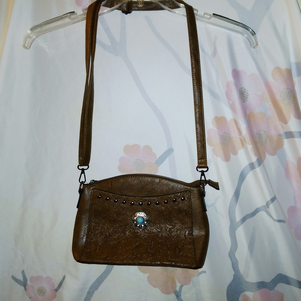 Brown Crossbody Bag with Turquoise Medallion Accent by Sam & Hadley